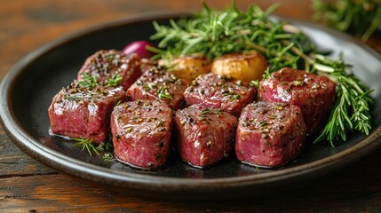 Wild game meat with herbs on a plate, symbolizing rustic cooking and nature.