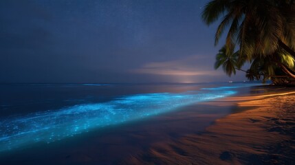 Naklejka premium Bioluminescent waves glow blue on a dark beach at night under a star filled sky, with palm trees on the sand, for travel and nature