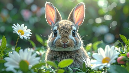 A cute rabbit in a field of flowers on a sunny day