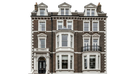 Historic brick building facade with windows, bay, balconies, entrance, cut out, stock png, isolated on transparent background