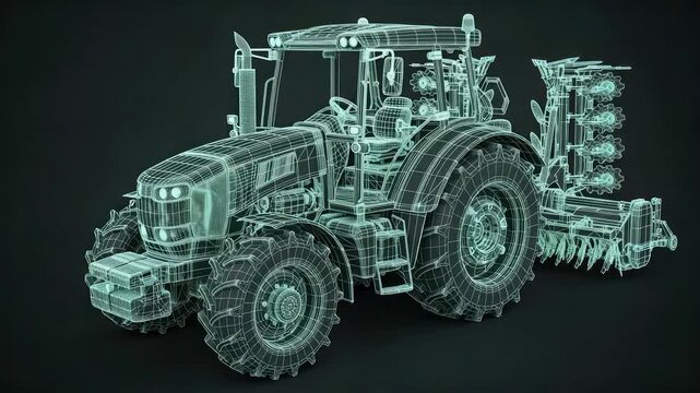 3D Wireframe Tractor with Cultivator Attachment, Agricultural Machinery Blueprint