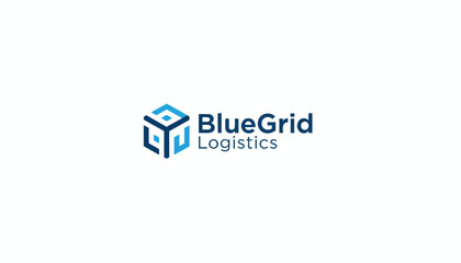 Modern blue geometric cube grid logo concept in bright studio