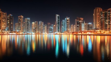Fototapeta premium Modern city skyline at night with illuminated buildings reflecting in the water. Urban landscape for travel, tourism, architecture.