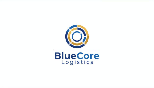 BlueCore Logistics company logo with abstract concentric circles or gear shape, isolated white background.