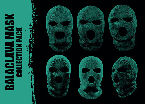 Vector illustration of a collection of six teal knitted balaclava masks on black.