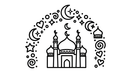 Fototapeta premium Architectural Design of a Mosque: An elegant mosque design, featuring a crescent moon and stars, and decorative elements create an atmospheric scene.