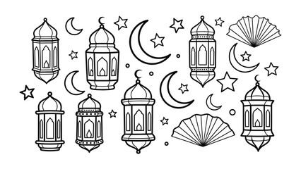 Fototapeta premium Lanterns and lunar embrace: A stylized, monochrome illustration showcases an array of traditional lanterns alongside crescent moons and stars.