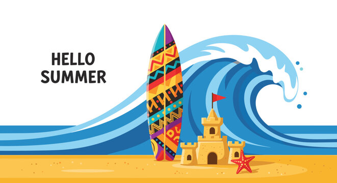 Vibrant summer beach scene with a colorful patterned surfboard sandcastle starfish and a massive curling ocean wave.