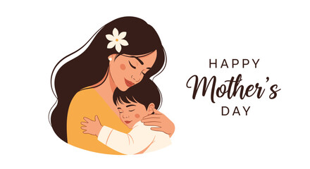 Obraz premium Warm illustration of a mother embracing her young child with happy mother's day text for holiday celebration.
