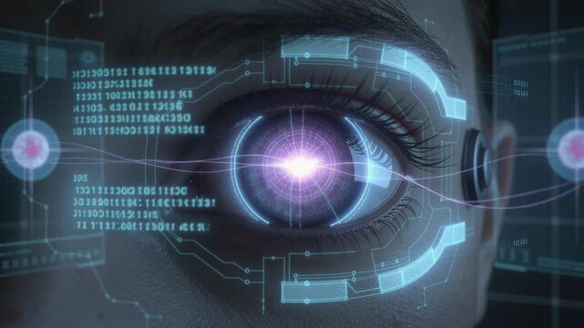 Eye with futuristic biometric interface overlay as lights pulse and data streams flow in static closeup, low light Generative AI