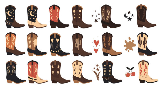 Comprehensive collection of eighteen different cowboy boot illustrations with unique colors and western patterns.
