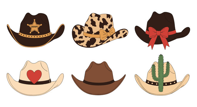 Diverse collection of six illustrated cowboy hats with different styles including leopard print and sheriff star.