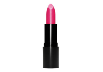 Macro close-up of a vibrant hot pink lipstick bullet with a pearlescent shimmer and creamy texture, standing upright in a sleek black tube on a reflective white studio background, highlighting modern