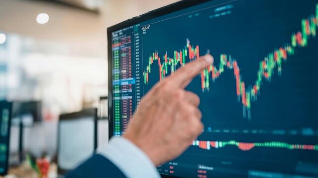 Businessman pointing at rising stock chart on digital screen illustrating financial analysis market growth trading strategy investment decisions and real time data driven economic insight