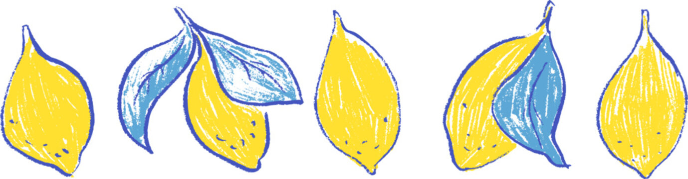 Crayon lemons doodle illustrations with Italian Mediterranean charm. Hand drawn naive scribble citrus fruit with leaves doodles in blue yellow tones. Vector whole fresh lemons isolated no bg.