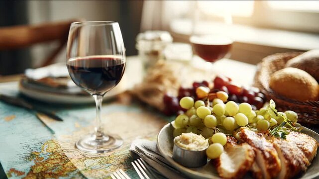 Grilled chicken and grapes with red wine served on map-covered table by sunlight. Budget-Friendly Thanksgiving
