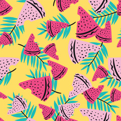 Fun Watermelon Sliced and Palm Leaves Vector Seamless Pattern