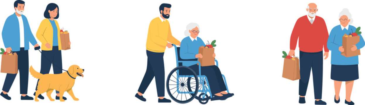 Diverse Community Support Illustration Showing Volunteers Helping Senior Citizens with Grocery Shopping and Mobility for Social Services, Caregiving, and Elderly Assistance Designs