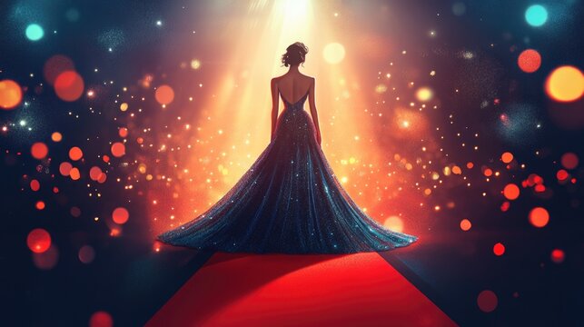 Woman in gorgeous evening dress on the red carpet on the festive awards ceremony. Celebrity and stars nominees arrive for the premiere