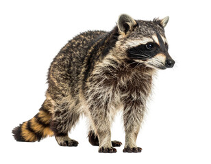 Full body shot of a ring-tailed, masked mammal with gray fur, posed against a pure black background