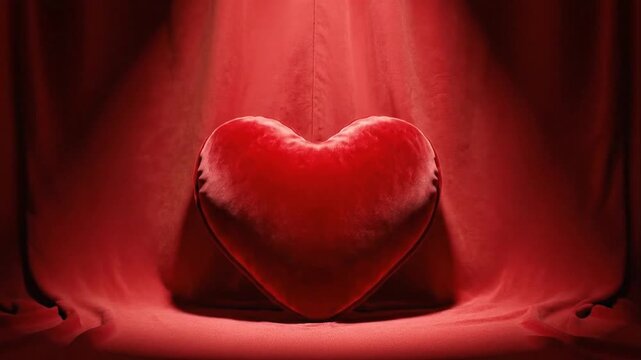 Glossy red heart illuminated against red fabric background