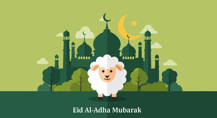 Flat Design Eid al Adha Sheep with Mosque Illustration Graphic