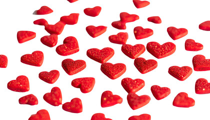 Scattered close-up of glossy red heart-shaped candies, arranged randomly against black background