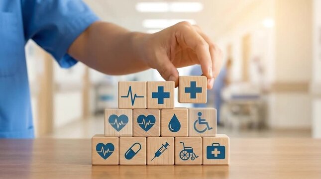 Hand building a stack of wooden blocks with medical icons like heart, cross, and syringe, symbolizing comprehensive healthcare services, wellness, ...
