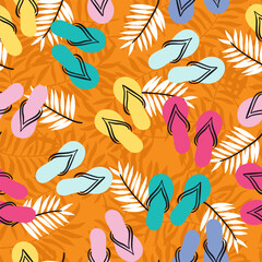 Summer Beach Flip Flops and Palm Leaves Vector Seamless Pattern