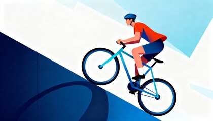 Fototapeta premium A cyclist rides uphill in a vibrant, stylized illustration, showcasing strength and determination against a geometric backdrop.