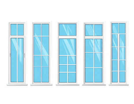 Five white framed windows with various pane designs and blue-sky backgrounds, centered