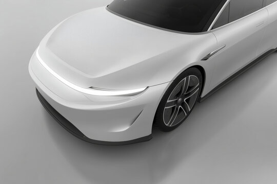 Coche el&eacute;ctrico blanco moderno con gotas de agua, Veh&iacute;culo el&eacute;ctrico de lujo dise&ntilde;o minimalista alta gama, Movilidad sostenible coche del futuro tecnolog&iacute;a avanzada