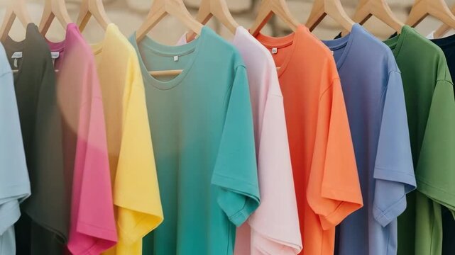 Row of Colorful T Shirts Hanging on Wooden Hangers in a Clothing Store Display against a Light Background