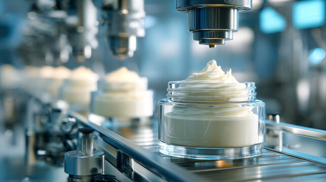 A machine fills glass jars with white cream on a production line in a cosmetics factory. The clean lab setting shows a focus on quality and efficiency