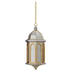 Modern Silver Lantern PNG, Sleek 3D Islamic fanous with gold trim and pointed arch windows, Ramadan light decoration, contemporary religious lamp, spiritual home decor, Transparent Background