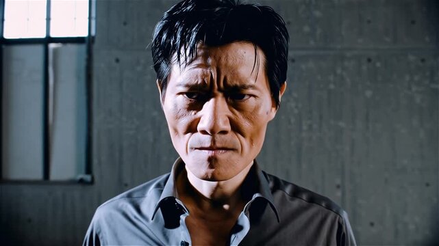 An angry portrait, sharp lighting accentuating a furrowed brow and tense jawline, high contrast, emotional and powerful.