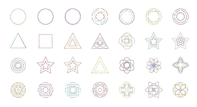 Collection of intricate geometric dot line art shapes including circles triangles squares stars and complex mandala patterns featuring vibrant multicolored gradients for abstract design
