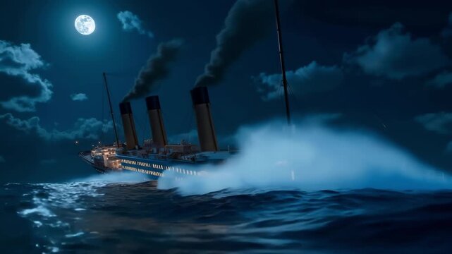 A large boat floating in the ocean at night with a full moon in the background