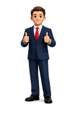 Obraz premium Successful male entrepreneur in a navy blue suit and red tie showing approval with a double thumbs up gesture, isolated on a transparent background.