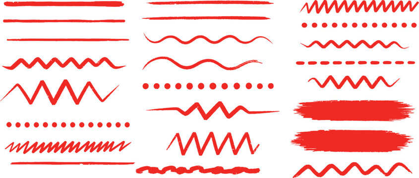 A diverse collection of hand-drawn red lines and brush strokes on a clean white background, featuring various styles like zigzag, wavy, dotted, and straight lines.