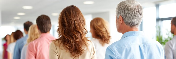 Group of People Standing in a Line in an Office Environment from a Rear Viewpoint Photorealistic