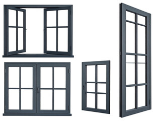 Various angles of grey windows, featuring open and closed positions, and different sizes