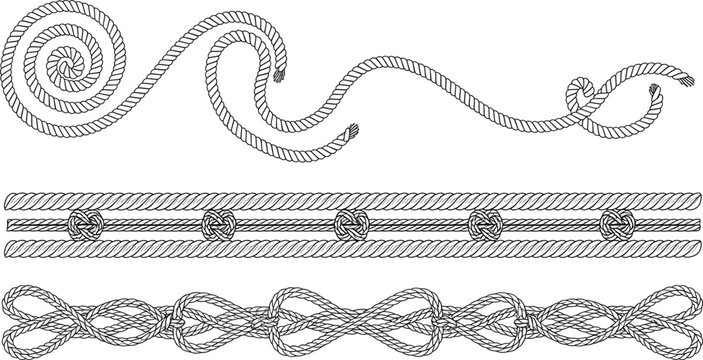 Decorative rope border and knot collection with twisted marine lines nautical ornament elements