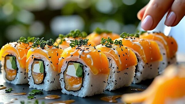 A person putting a piece of sushi on top of a plate