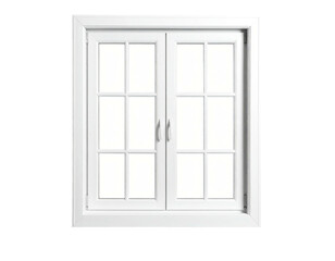 A perfectly centered, bright white double-hung window on a black background
