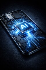 Glow ai microchip mounted on mobile phone circuit board inside smartphone with digital light effects
