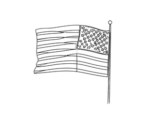 Monochrome illustration of the United States flag, waving gently on a pole, against a black background