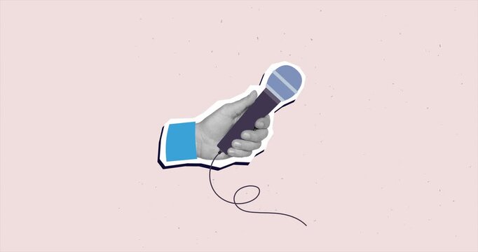 Black and white hand holding a microphone. Modern collage style. 4K animation