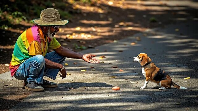 A man kneeling down next to a small dog on a road
