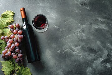 Obraz premium A wine bottle stands next to a glass filled with red wine and fresh grapes on a dark background. This setup provides a display for vineyard themes or wine promotion